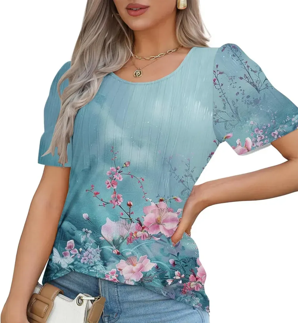 Womens Summer Pleated Front Shirts Tunics Casual Short Sleeved Loose Round Neck Boho Printed Tops Vacation Blouse