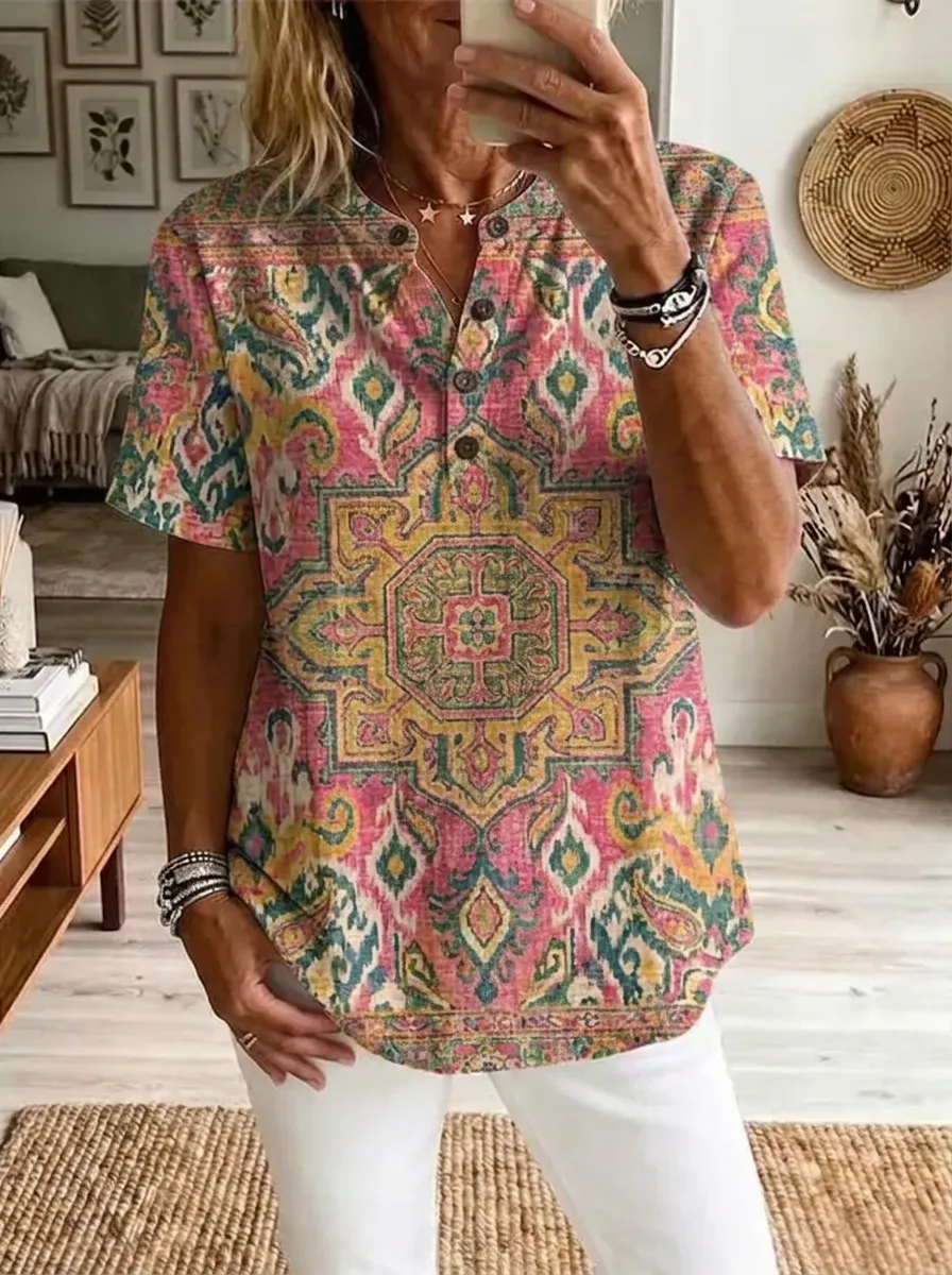 Women's Nashville Boho Paisley Printed Henley Shirt