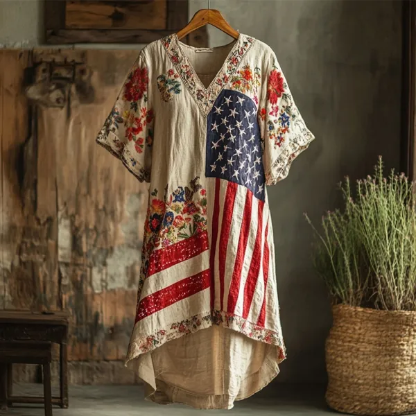 Independence Day Boho Floral Embroidery Women's Linen Short Sleeve Maxi Dress