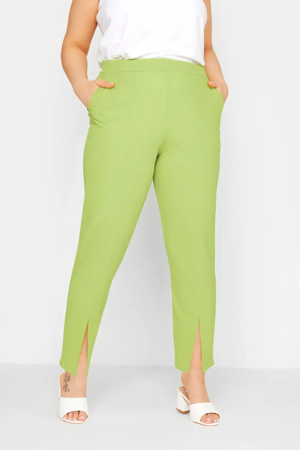 YOURS Curve Lime Green Split Hem Stretch Tapered Trousers
