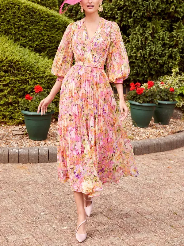 V-Neck Balloon Sleeve Printed Maxi Dress