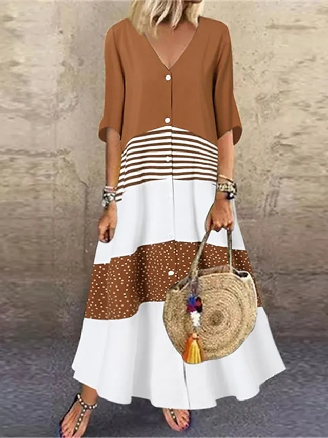 Women's Casual Dress Swing Dress Long Dress Maxi Dress Brown Half Sleeve Color Block Button Summer Spring V Neck Basic 2023 5XL