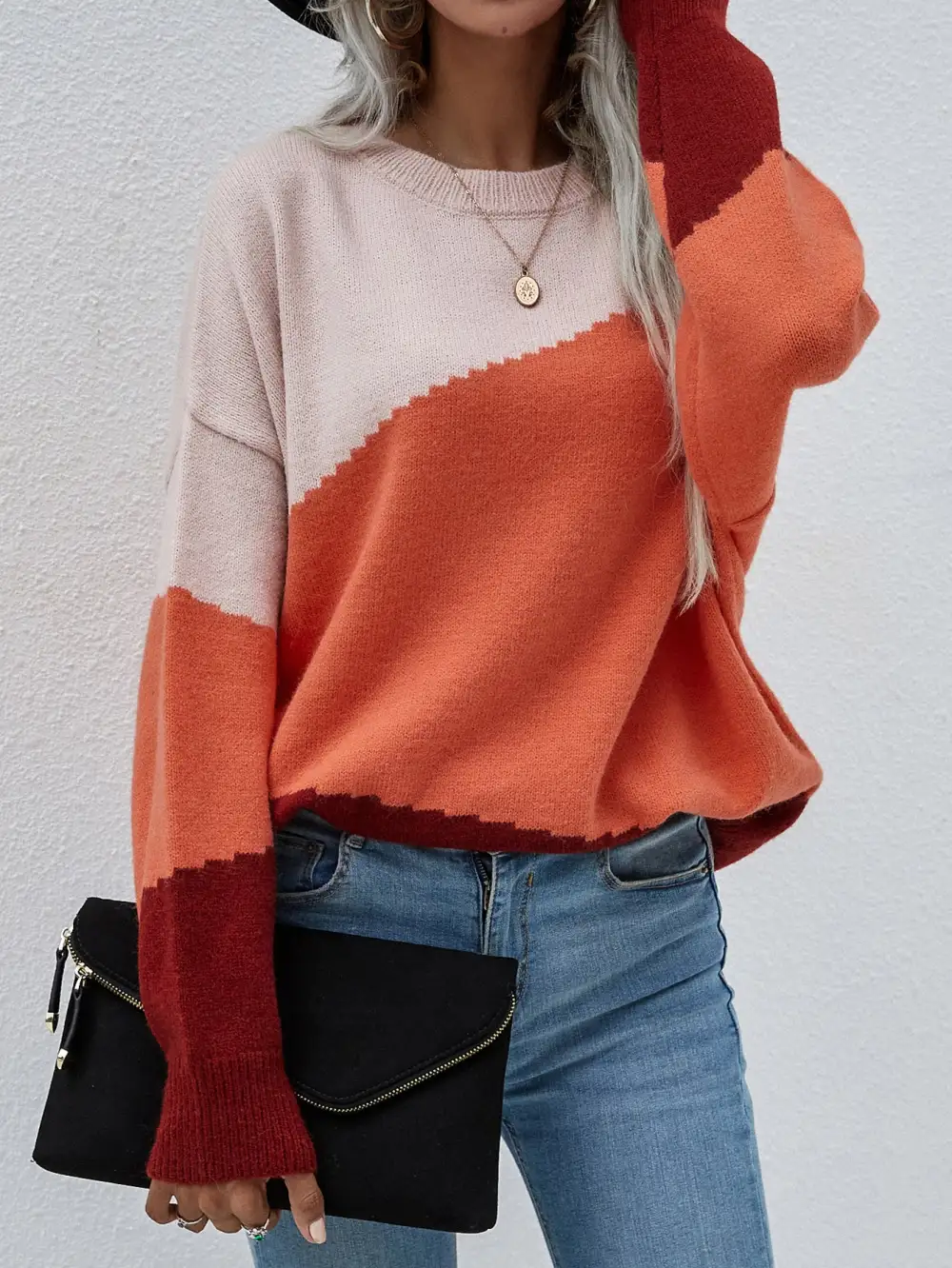 Color Block Dropped Shoulder Pullover Sweater