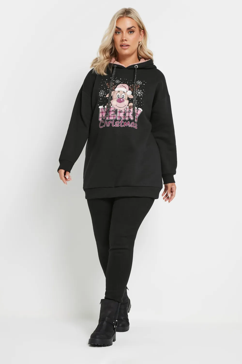 YOURS Curve Black 'Merry Christmas' Slogan Reindeer Print Hoodie