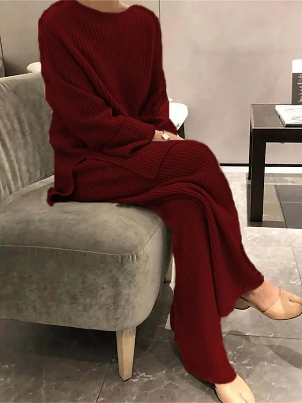 Women's Knit Pajamas Sets Pure Color Casual Comfort Home Daily Bed Knit Warm Breathable Crew Neck Long Sleeve Sweater Pant Fall Winter Black Wine