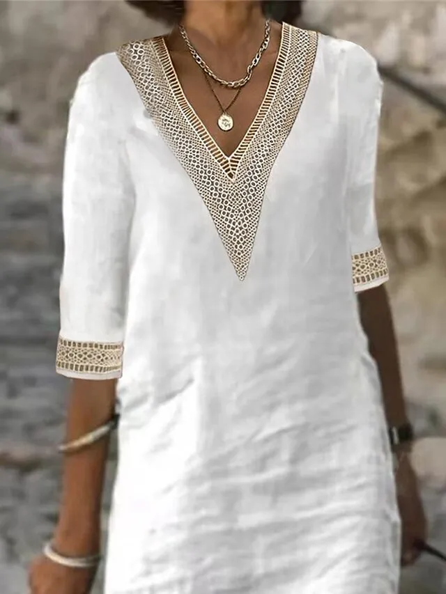 Women's Cotton Linen Dress Casual Dress Shift Dress Midi Dress Cotton And Linen Fashion Modern Outdoor Daily Vacation V Neck Patchwork Half Sleeve Summer Spring 2023 Regular Fit Gray Plain 3XL