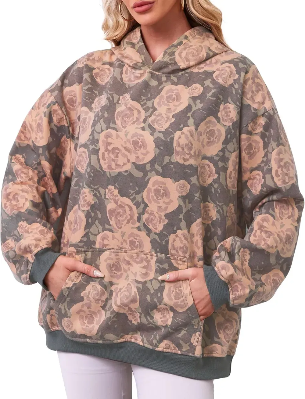 Womens Camo Hoodies Maple Leaf Print Oversized Hooded Sweatshirt Fleece Pullover Sweatshirts Long Sleeve with Pocket