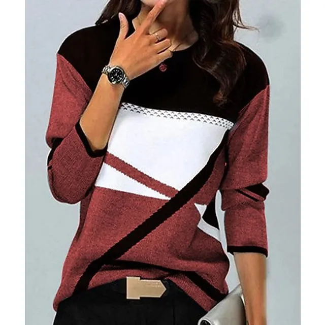 Women's Plus Size T shirt Tee Black Red Blue Color Block Print Long Sleeve Casual Weekend Basic Round Neck Regular Fit Painting Fall & Winter