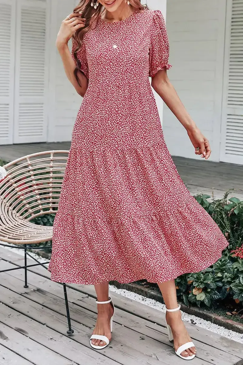 Floral Print Ruffle Puff Sleeve High Waist Midi Dresses