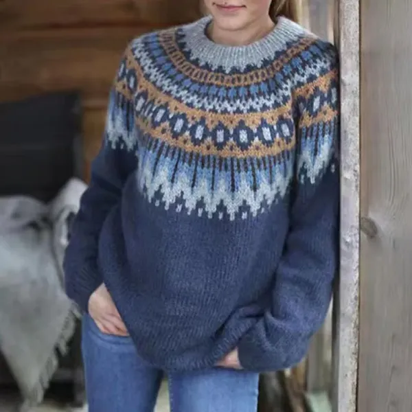 Retro Contrast Color Round Neck Long Sleeve Sweater