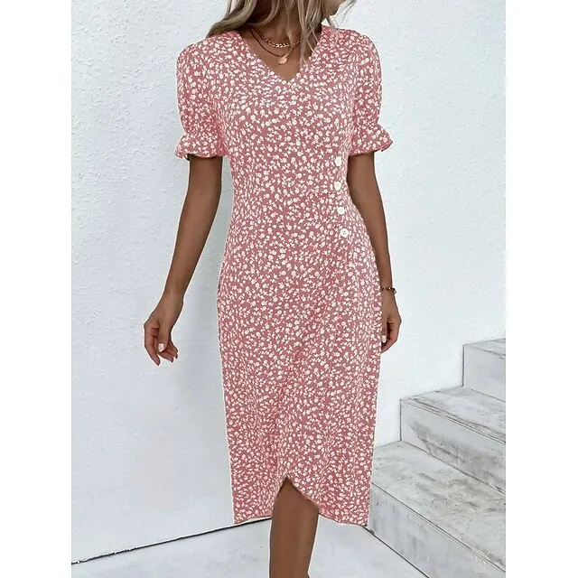 Women's Casual Dress Wrap Dress Floral Dress Floral Button Print V Neck Midi Dress Fashion Classic Daily Holiday Short Sleeve Regular Fit Black Dark Red Yellow Summer Spring S M L XL XXL