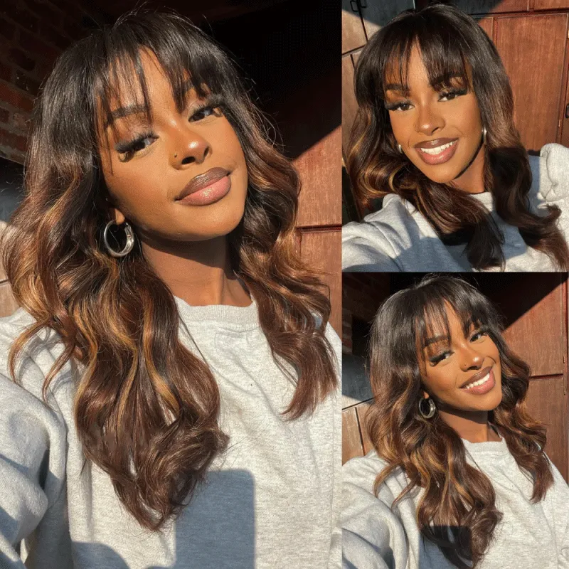 Ombre Chestnut Brown Highlights Designer Layered Wavy Curtain Bangs 9×6 / 5x5 Glueless Closure Body Wave Wig