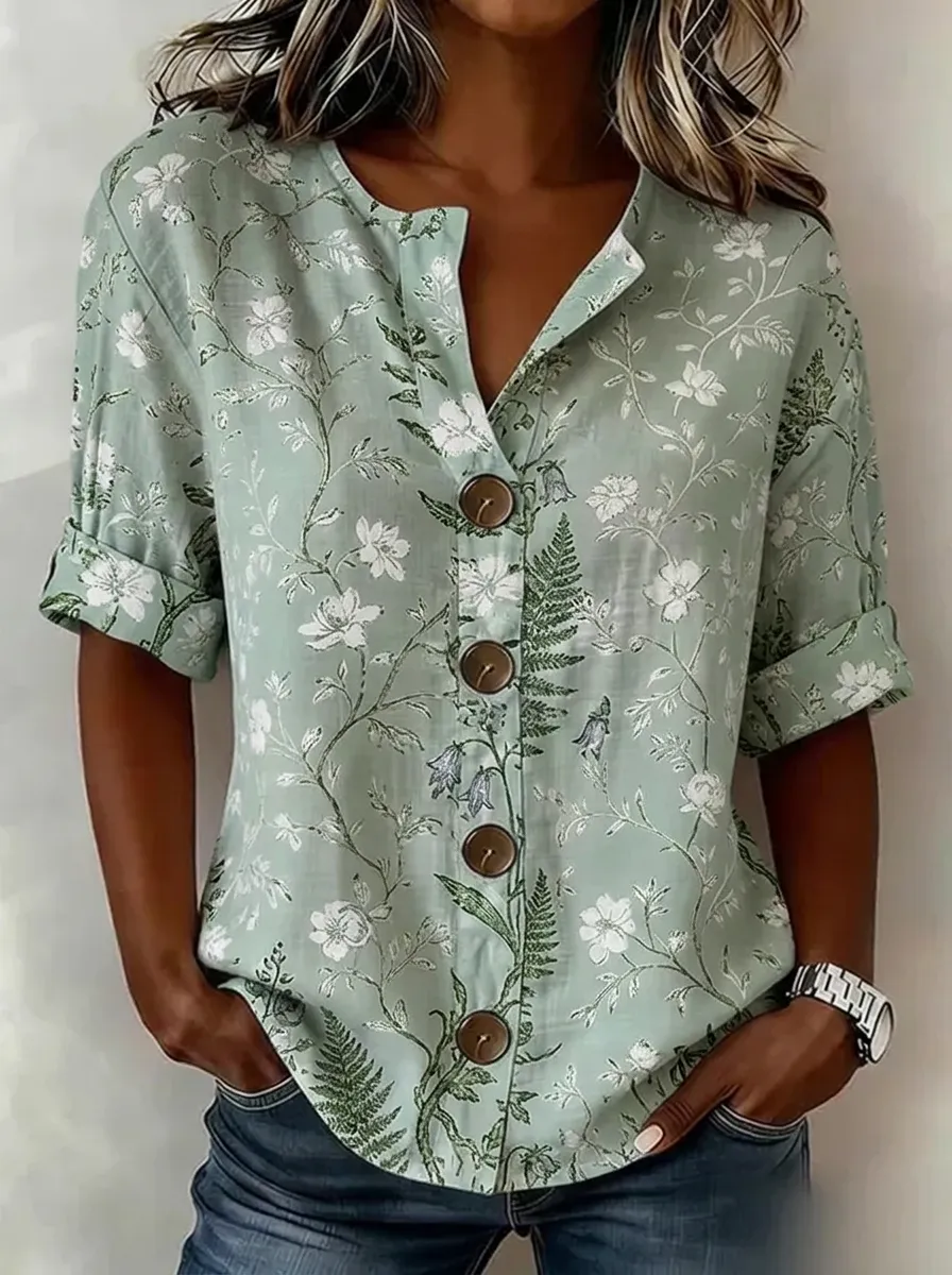 Women's Nashville Botanical Floral Fern Printed Button-Up Shirt