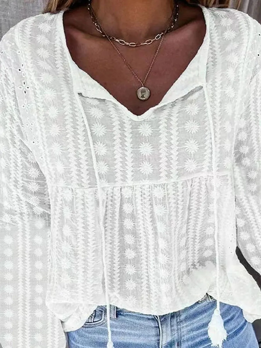 V-neck Casual Loose Embroidered Long-sleeved Blouse