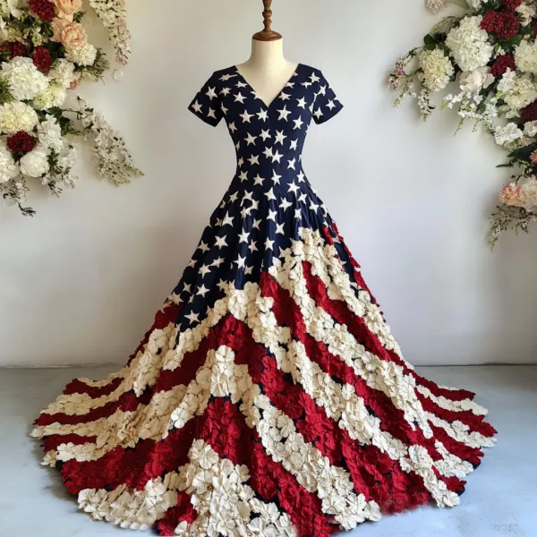 Women's Independence Day Flag And Floral Print Short Sleeve Dress