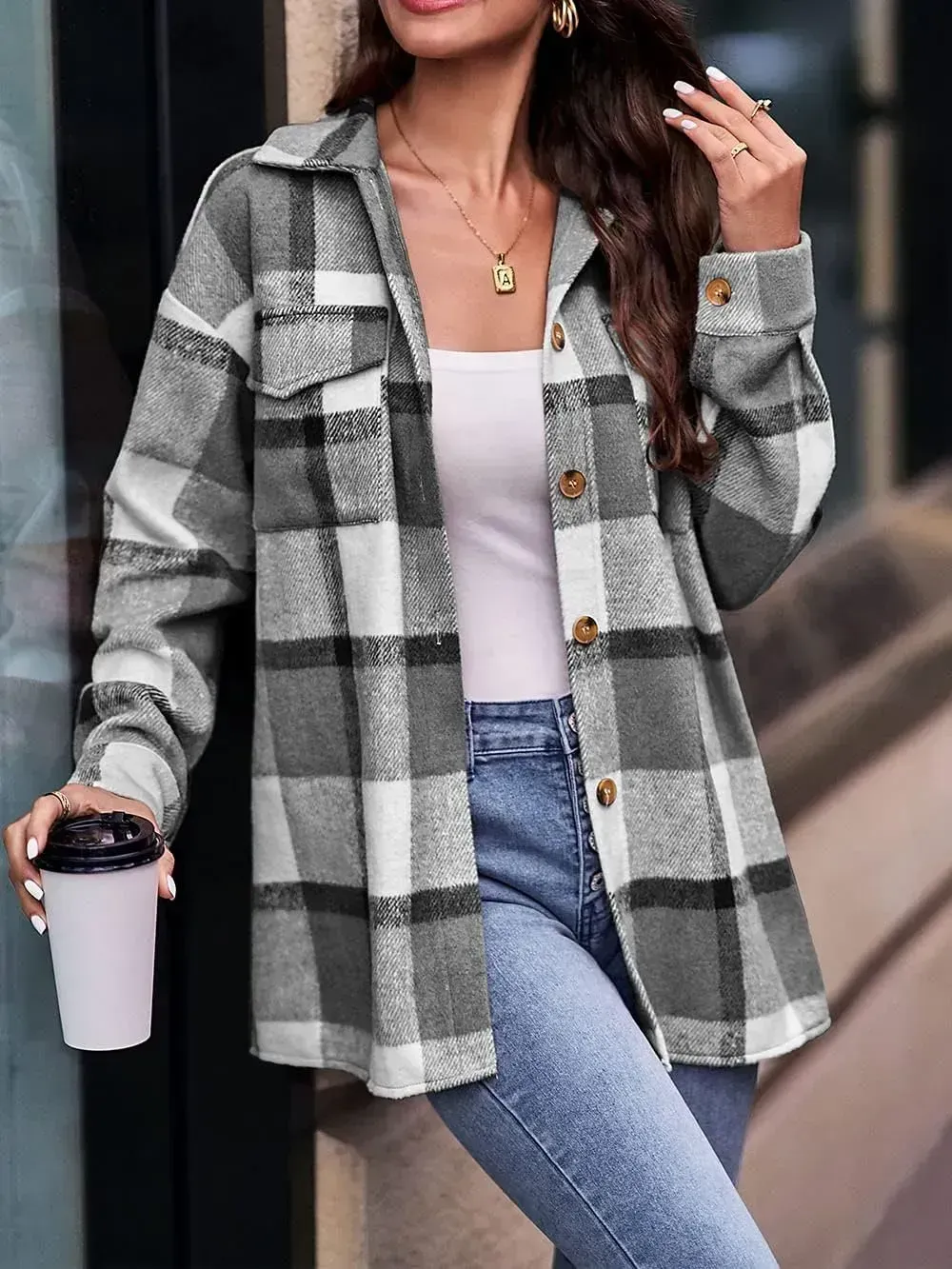Women's 2023 Fall Clothes Plaid Shacket Jacket Long Sleeve Button Down Flannel Shirts Fashion Blouse