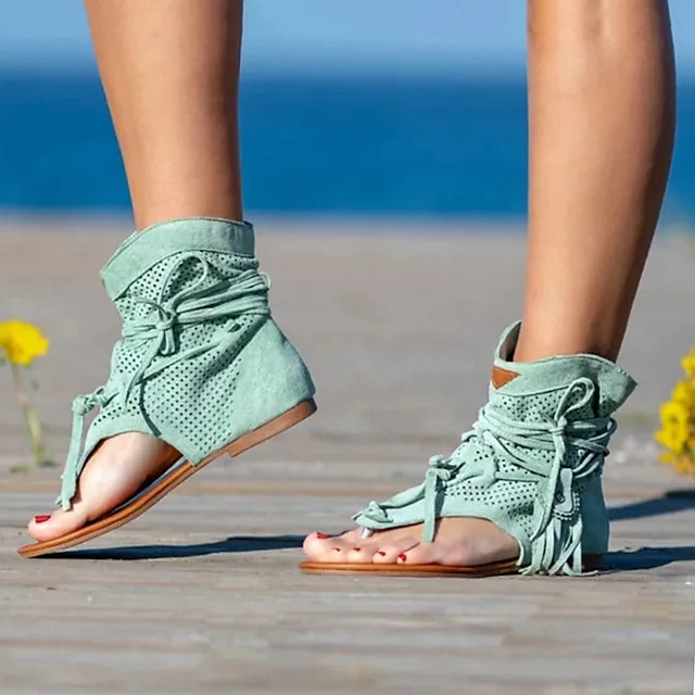 Women's Sandals Flat Sandals Gladiator Sandals Roman Sandals Outdoor Daily Beach Summer Lace-up Flat Heel Open Toe Vintage Casual Canvas Synthetics Loafer Solid Color Solid Colored Black Yellow Brown