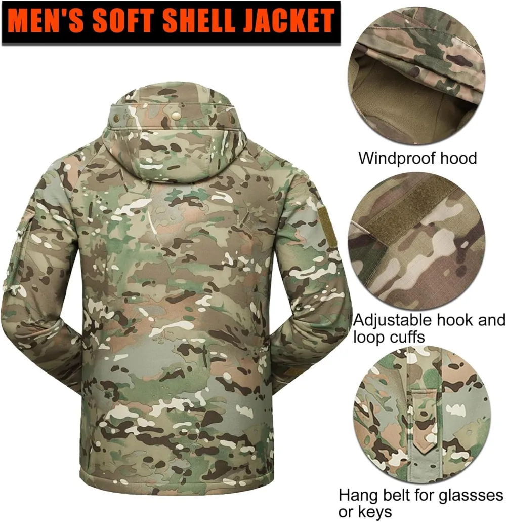 Men's Fleece Lined Soft Shell Jacket Winter Waterproof Hooded Coat Windproof Camo Tactical Jacket