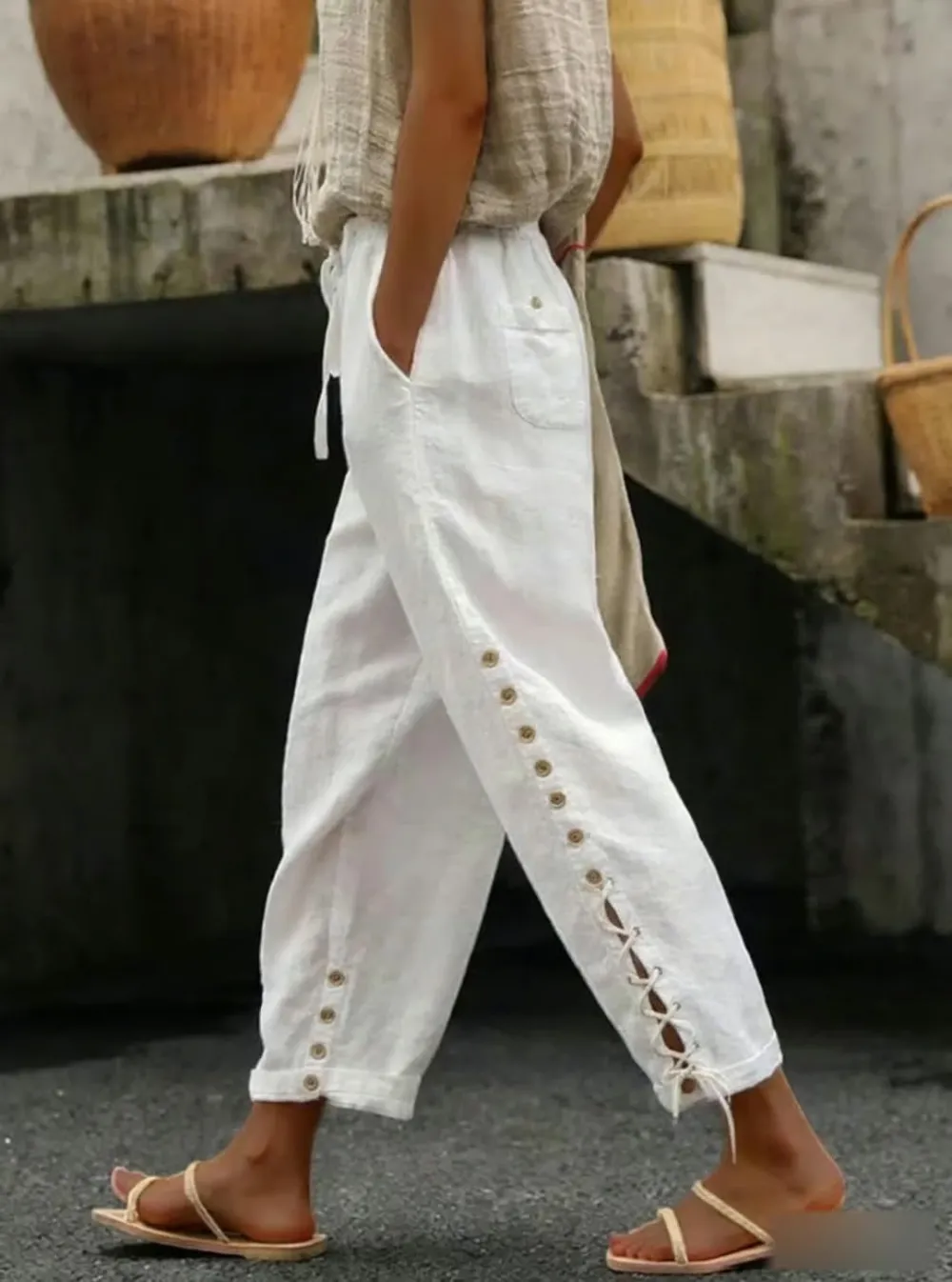 Women's Casual Solid Color Button Tie Waist Cotton Linen Pants