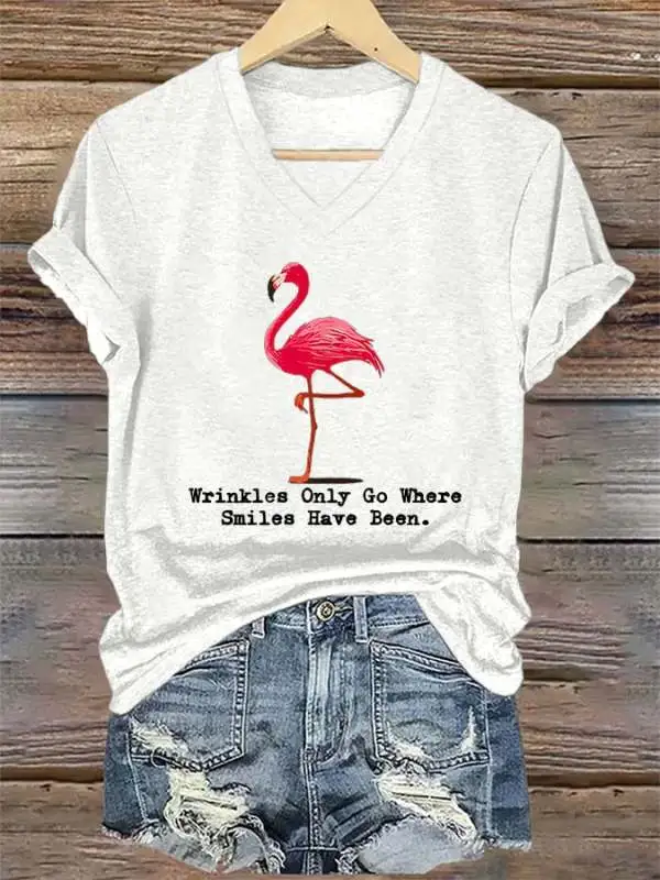 V-Neck Retro Flamingo Wrinkles Only Go Where Smiles Have Been Print T-Shirt