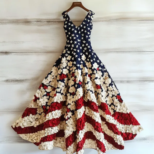 Women's Vintage Independence Day Flag Flowers Art Linen Midi Dress