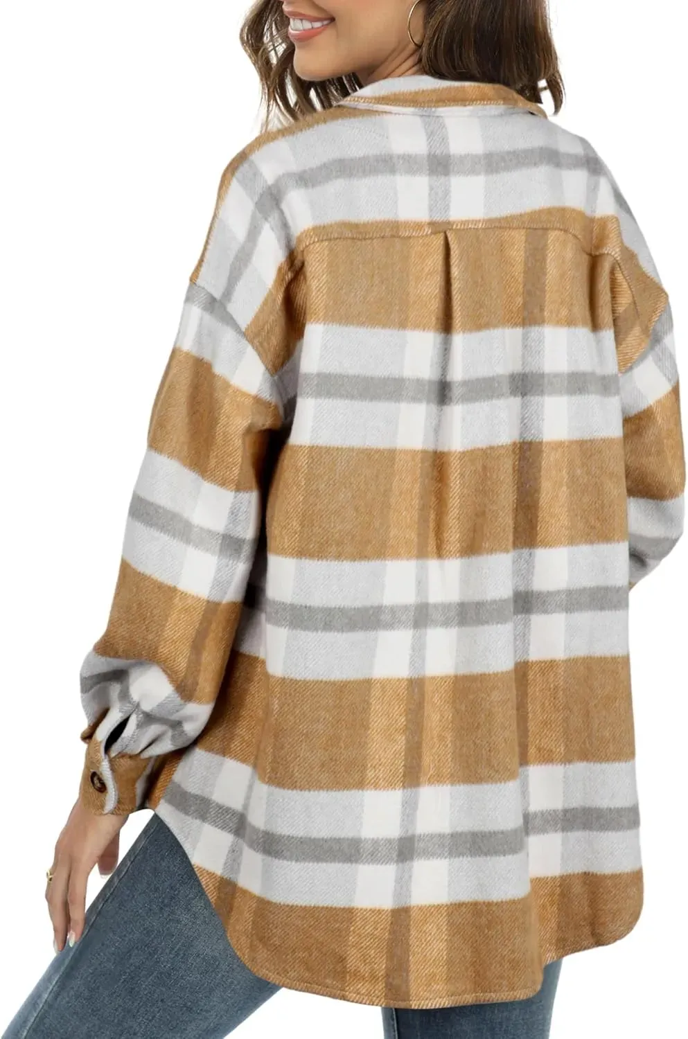 Women's Casual Plaid Flannel Shacket Jacket Oversized Button Down Long Sleeve Fall Shirts Jacket Lapel Coats Tops