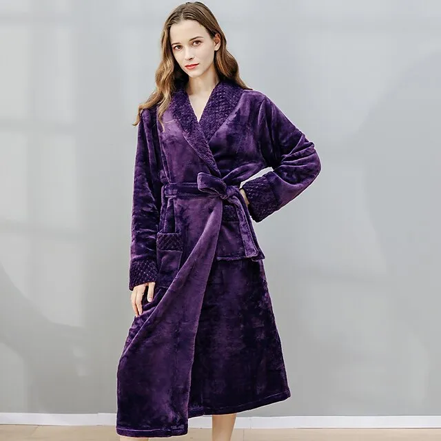 Women's Bathrobe Robes Gown Nighty 1 PCS Pure Color Warm Comfort Plush Robe Xmas Home Christmas Street Fleece Warm Lapel Long Sleeve Basic Belt Included Fall Winter White Pink