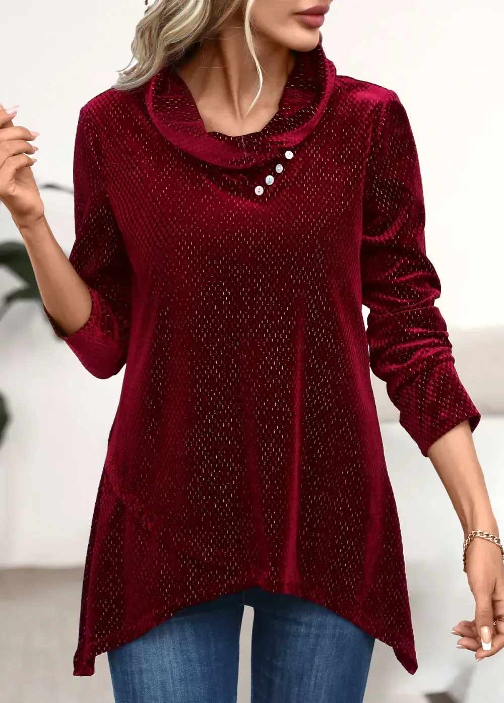 Wine Red Shinning Long Sleeve Asymmetrical Neck Sweatshirt
