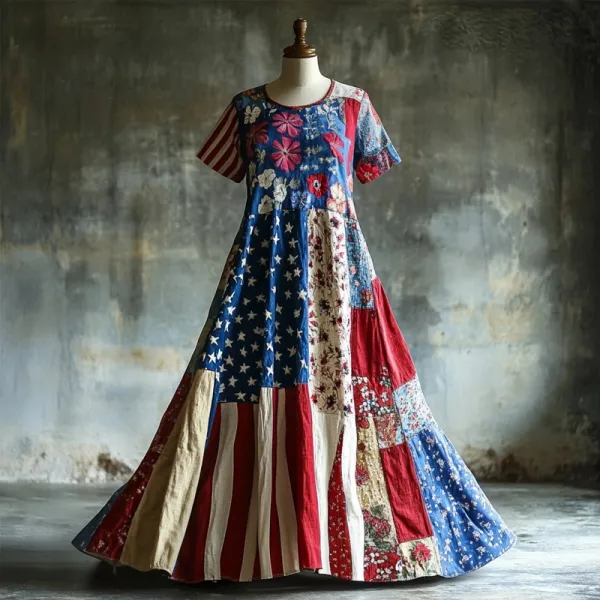 Vintage Flag Inspired Floral Patchwork Linen Maxi Dress