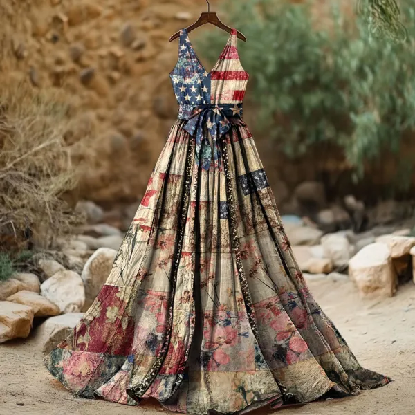 Women's Independence Day American Flag 4th Of July Floral Patchwork Art  Sleeveless Dress