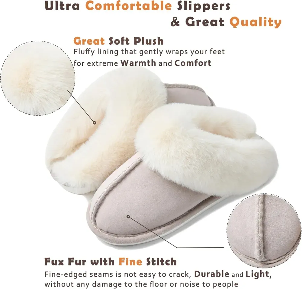 Womens Slipper with Memory Foam Fluffy Soft Warm Slip On House Slippers Anti-Skid Cozy Plush for Indoor Outdoor
