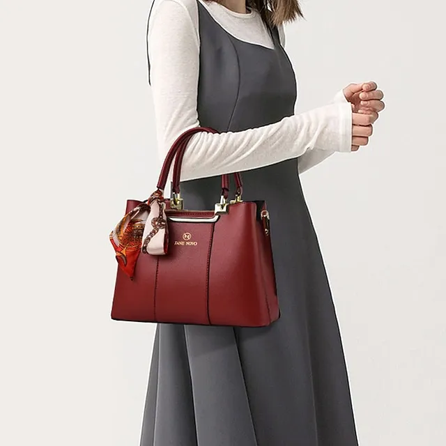 Women's Handbag PU Leather Shopping Daily Solid Color Black (khaki silk scarf) Wine red (red silk scarf) White (green silk scarf)