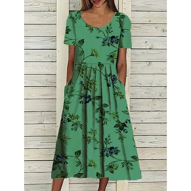 Women's Casual Dress Midi Dress White Blue Green Short Sleeve Floral Ruched Summer Spring Crew Neck Basic Loose Fit 2023 S M L XL XXL 3XL