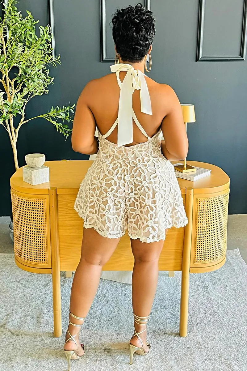 V Neck Halter Backless Floral Jacquard Romper Playsuit-Beige