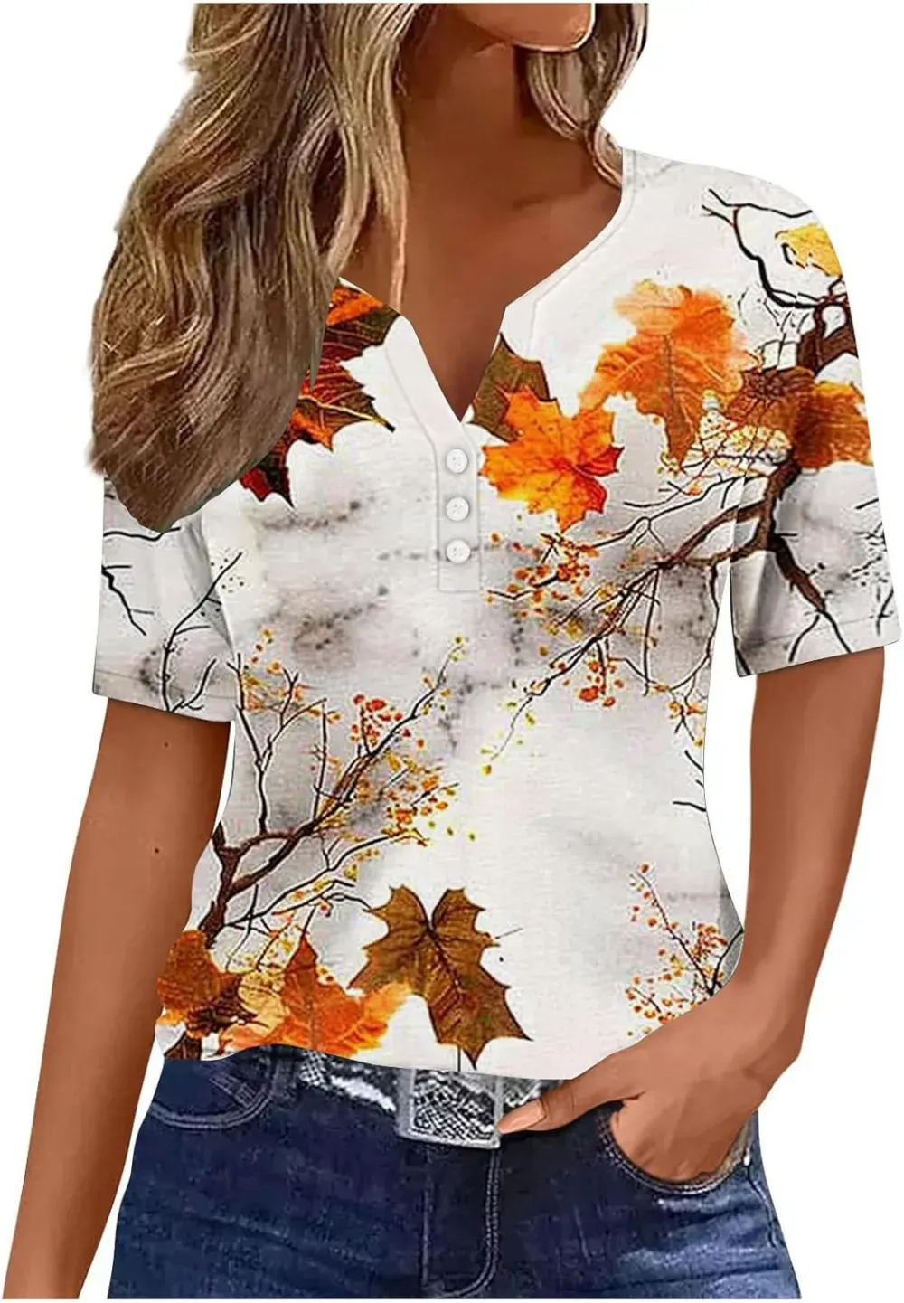 Shirts for Women Casual Printed Summer Tops Short-Sleeved Button V-Neck Tops Blouse Fashion Boho T-Shirts