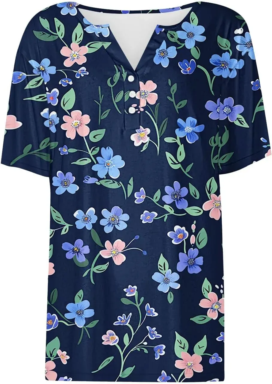 Shirts for Women Casual Printed Summer Tops Short-Sleeved Button V-Neck Tops Blouse Fashion Boho T-Shirts