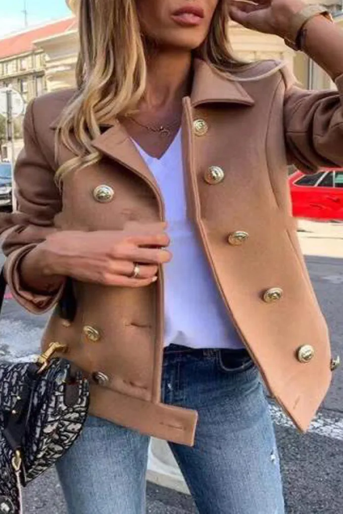 Solid Double Breasted Suit Collar Coat