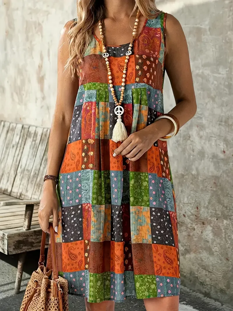 Women's Plus Size Boho Chic Floral Print Dress - Round Neck, Sleeveless A-Line Flowy Dress with Tassel Detail & Beaded Necklace Accessory, Lightweight Polyester Blend for Spring/Fall, Relaxed Fit Clothing | Boho Chic Dress | Woven Fabric Dress, Cute Dress