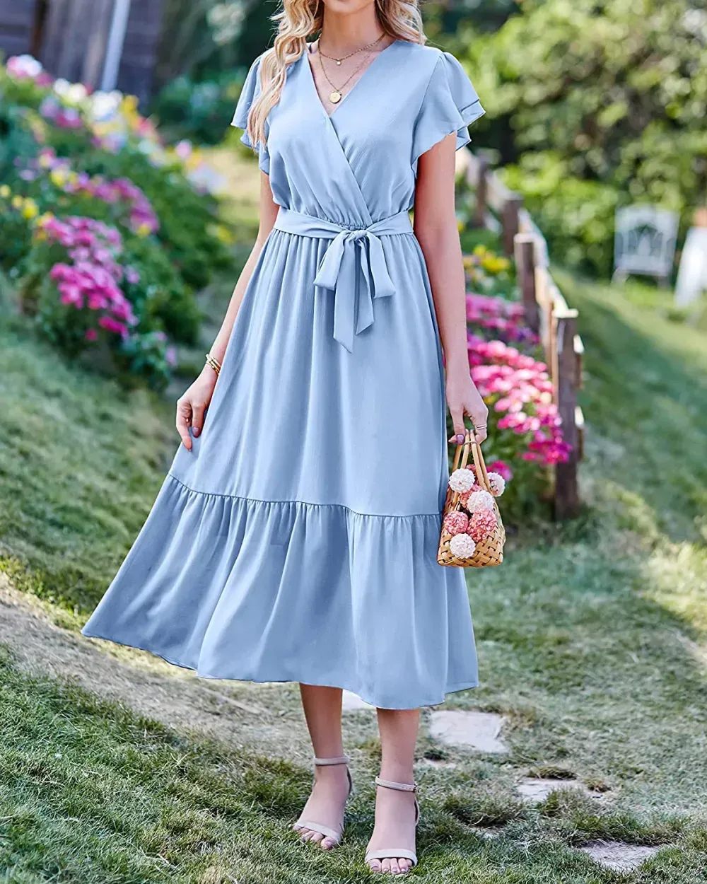 Women Summer Bohemian Floral Casual Wrap V Neck Ruffle Cap Sleeveless Belt A-Line Pleated Hem Swing Midi Sun Dress
