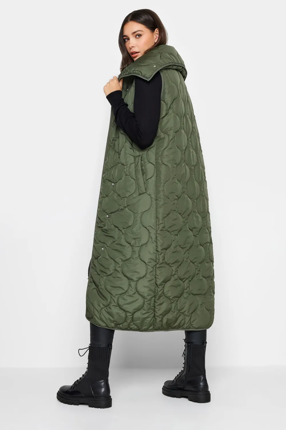 LTS Tall Black Funnel Neck Quilted Longline Gilet