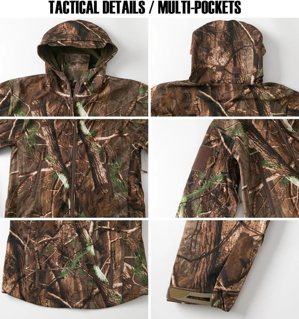 Men's Camo Quiet Hunting Jacket Waterproof Softshell Fleece Lined Camouflage Outdoor Hiking Fishing Coat