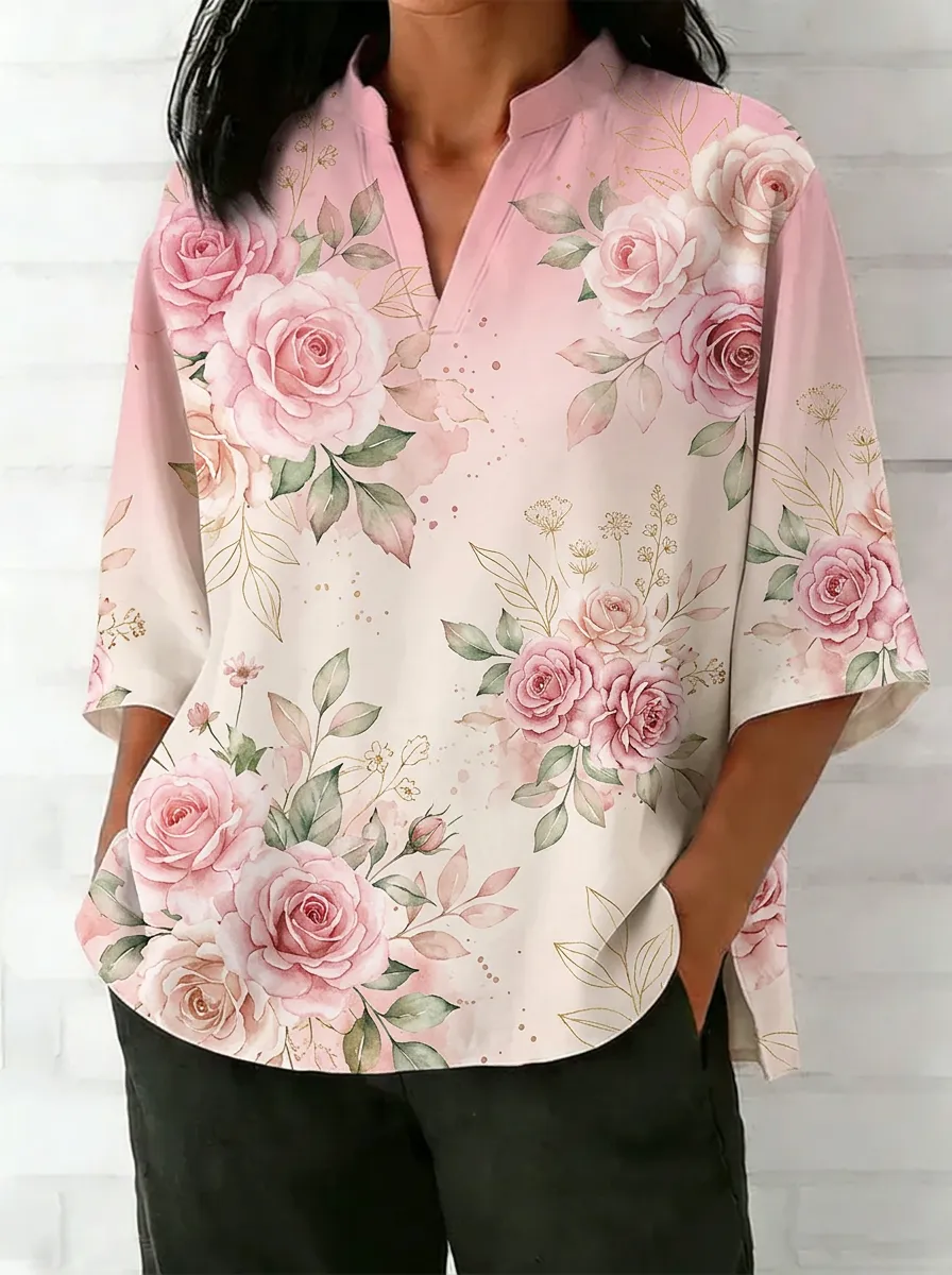 Women's Nashville Floral Rose Printed V-Neck Top
