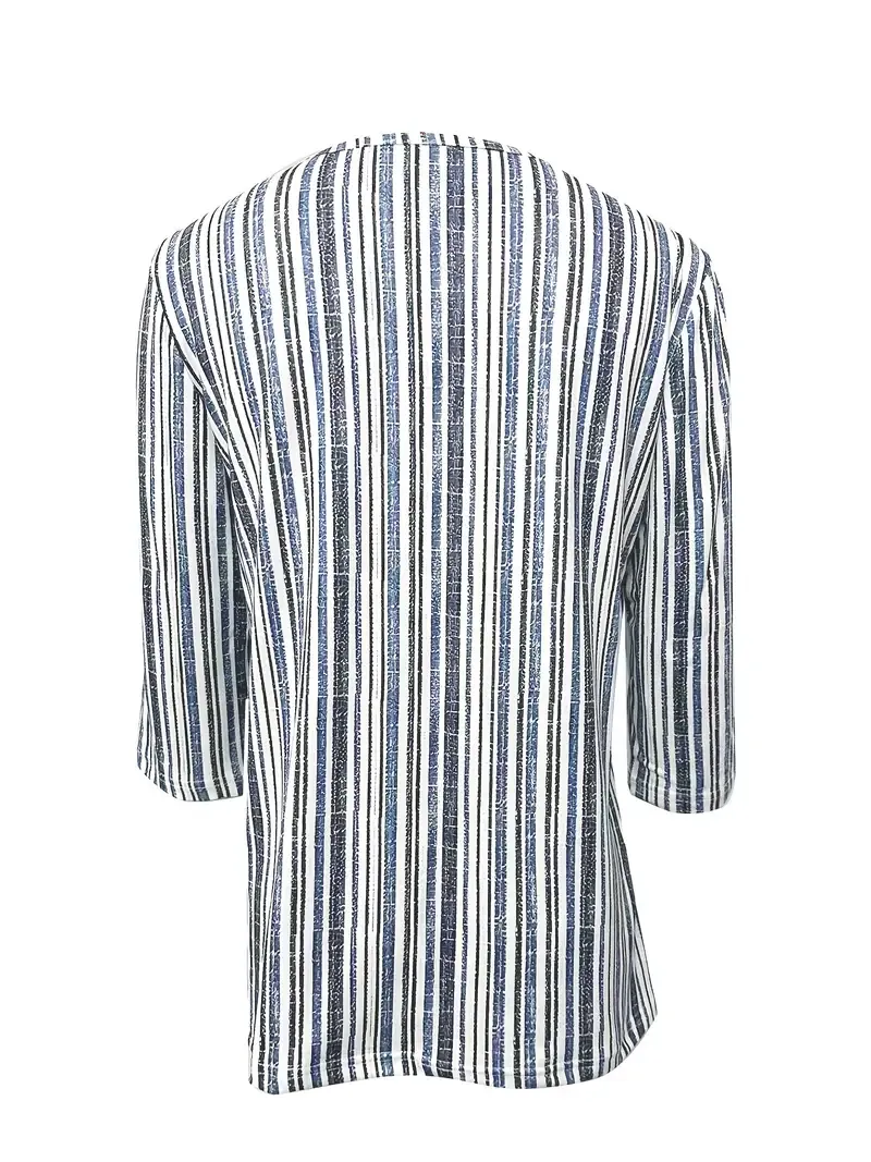 Striped Print V Neck T-Shirt, Casual Half Sleeve T-Shirt For Spring & Summer, Women's Clothing
