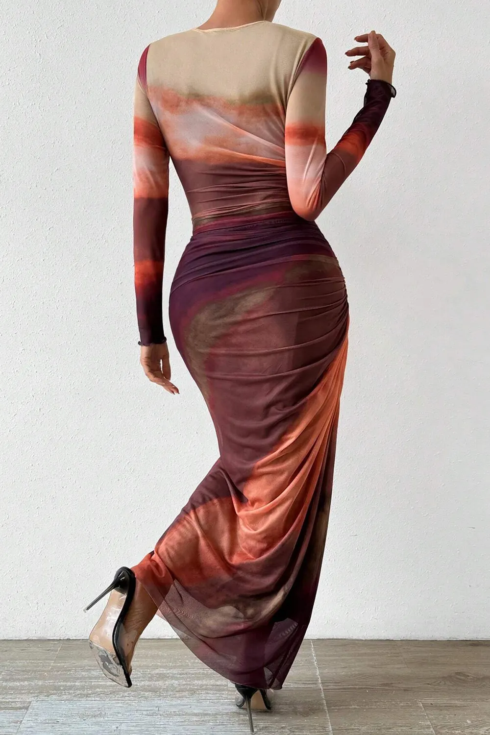 Women's Tie Dye Long Sleeve Pleated Dress Multicolor