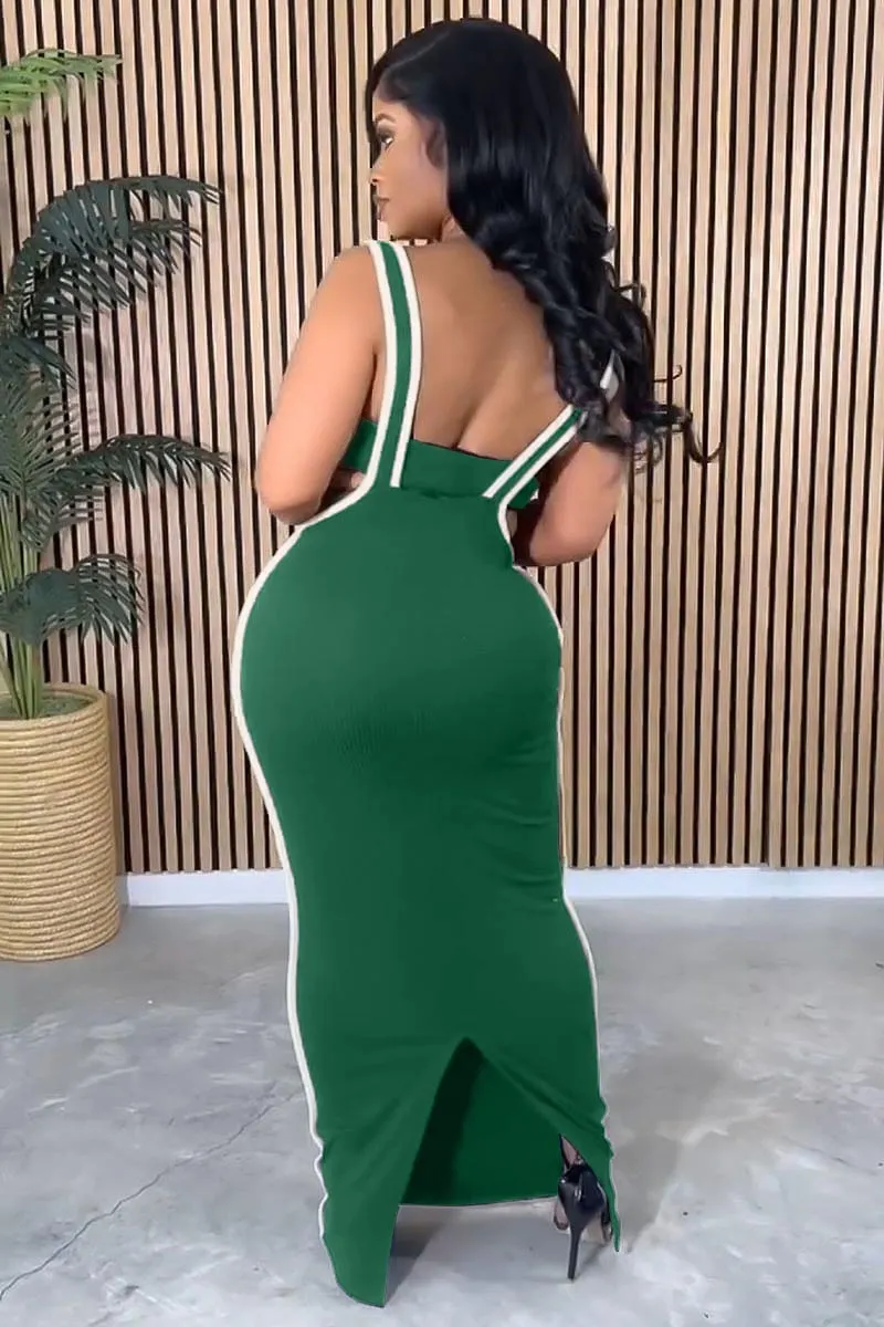 Colorblock Trim Crop Tube Top Bodycon Overall Maxi Dresses Matching Set-Black