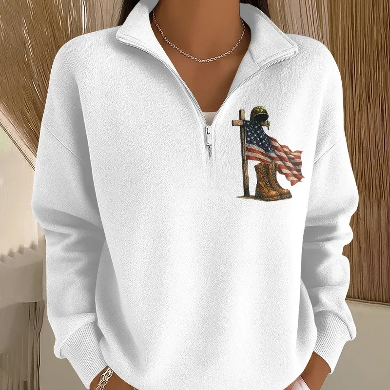 Women's Veteran Art Print Casual Zip-Up Sweatshirt
