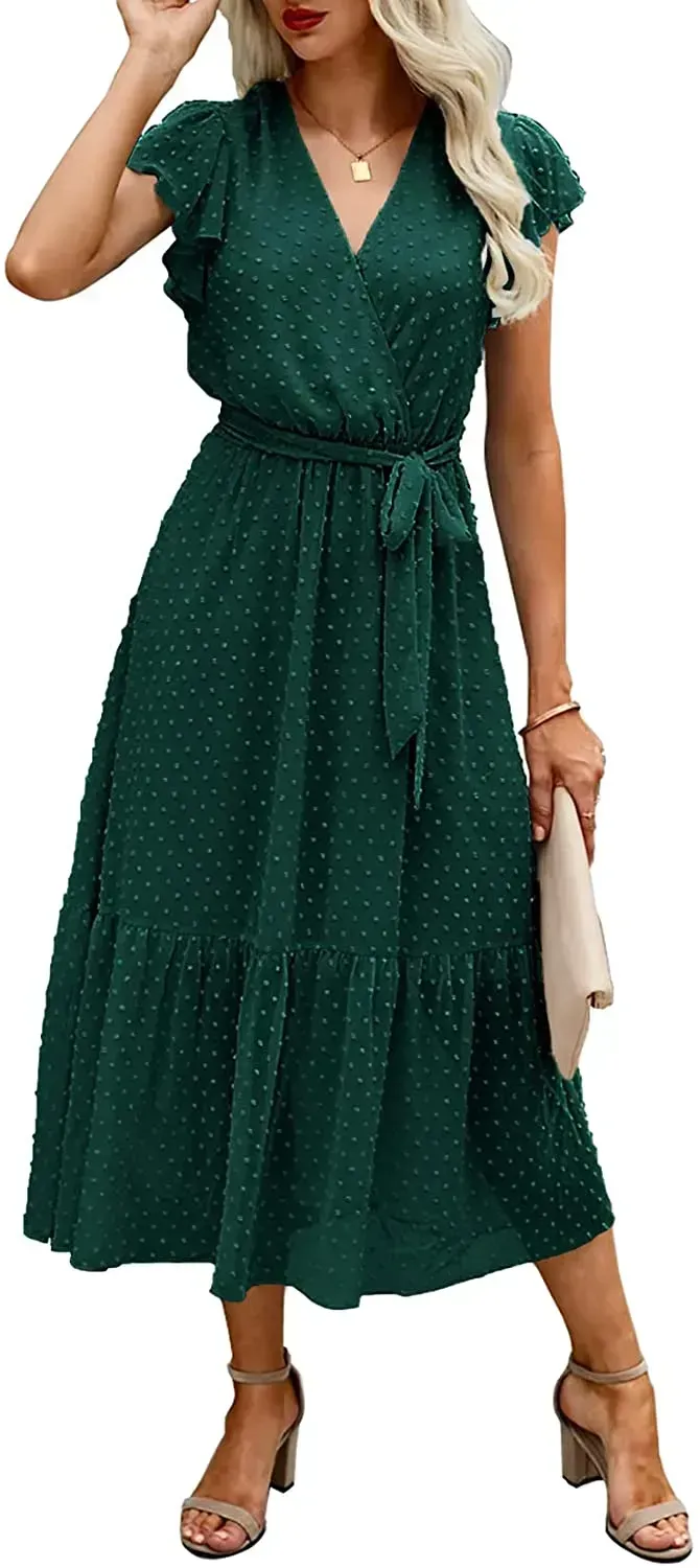 Women Summer Bohemian Floral Casual Wrap V Neck Ruffle Cap Sleeveless Belt A-Line Pleated Hem Swing Midi Sun Dress