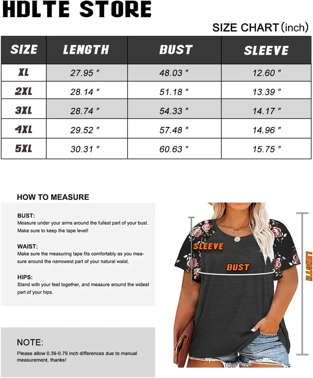 HDLTE Womens Plus Size Tops Floral Bell Sleeves Blouses Summer Crewneck Tunic Loose Casual T Shirts