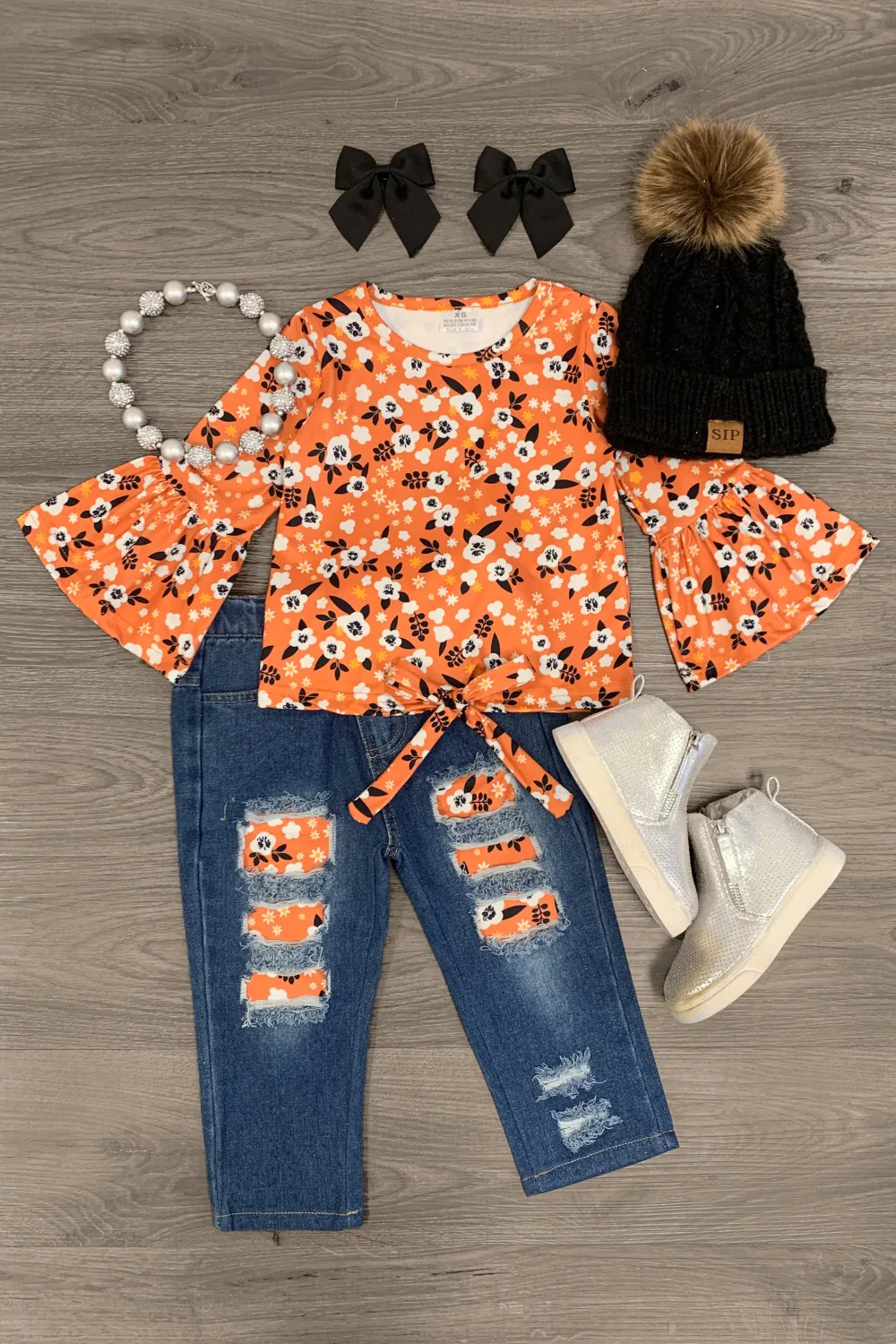 Orange Floral Distressed Denim Pant Set