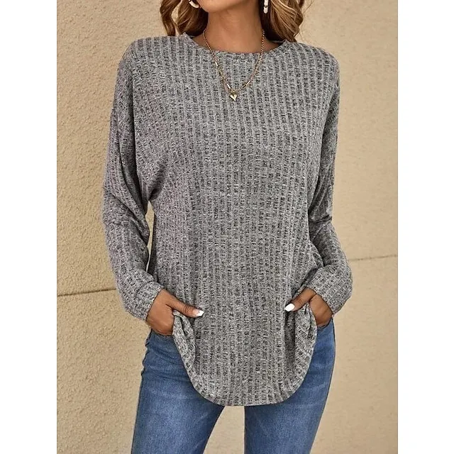 Women's T shirt Tee Grass Green Violets Black Plain Long Sleeve Daily Weekend Basic Round Neck Regular Fit Fall & Winter